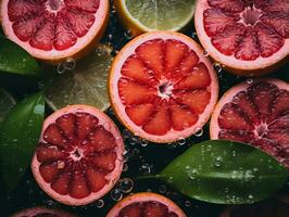 grapefruit and lime slices on a black background generative ai photo