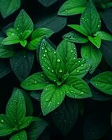 verde hojas con agua gotas en ellos generativo ai foto