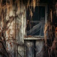 halloween ghost in the window of a dilapidated house generative ai photo