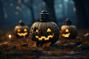 halloween jack o lanterns in the woods generative ai photo