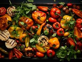 grilled peppers and tomatoes on a black background generative ai photo