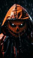 Víspera de Todos los Santos Jack-o-lantern en el lluvia generativo ai foto