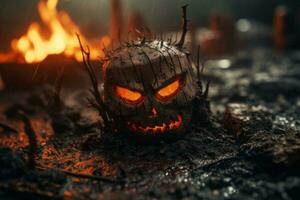halloween jack-o-lantern with glowing eyes on the ground generative ai photo