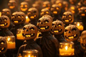 halloween jack-o-lanterns in a row with candles generative ai photo