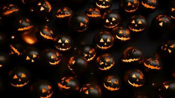 Víspera de Todos los Santos jack-o-lanterns en un negro antecedentes generativo ai foto