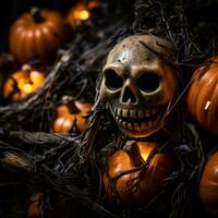 halloween pumpkins and a skull in the dark generative ai photo