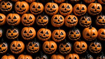 Víspera de Todos los Santos jack-o-lanterns en un negro antecedentes generativo ai foto