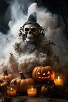 halloween pumpkins and a skull with smoke coming out of it generative ai photo