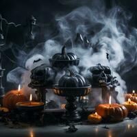 halloween pumpkins and skulls on a table with smoke generative ai photo