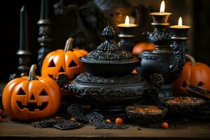 halloween pumpkins and candles on a table generative ai photo