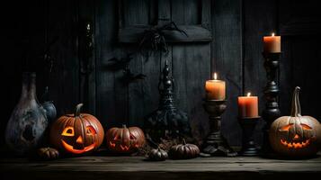 halloween pumpkins and candles on a wooden table generative ai photo