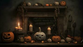 halloween pumpkins and candles in front of a fireplace generative ai photo