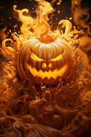 halloween pumpkin with flames and smoke on a black background generative ai photo