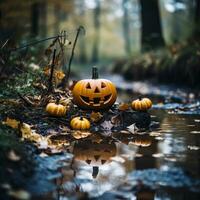 halloween pumpkins in the forest generative ai photo