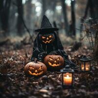 halloween pumpkins in the woods with a witch hat generative ai photo
