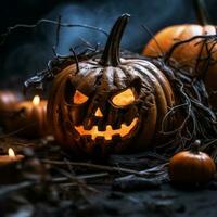 halloween pumpkins on a dark background with candles generative ai photo