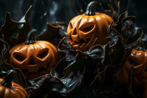 halloween pumpkins on a black background generative ai photo