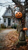 halloween pumpkins on a tree in front of a house generative ai photo