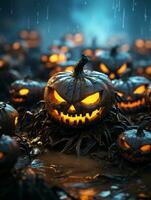 halloween pumpkins with glowing eyes in the rain generative ai photo