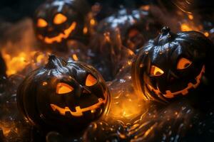 halloween pumpkins with glowing eyes on a black background generative ai photo