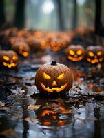 halloween pumpkins with glowing eyes in the rain generative ai photo