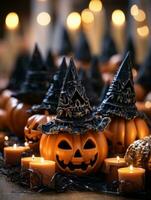 halloween pumpkins with witch hats and candles generative ai photo