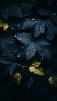 hojas y gotas de lluvia en oscuro antecedentes generativo ai foto