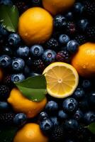 lemon blueberries and blackberries on a black background generative ai photo