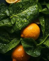 lemon and spinach on a table with water droplets generative ai photo