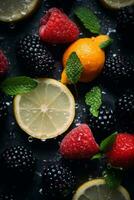 lemon raspberries blackberries and mint on a dark surface generative ai photo