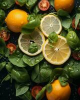 lemon tomatoes basil and spinach on a black background generative ai photo