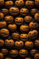 many halloween pumpkins on a black background generative ai photo