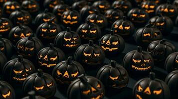 many halloween pumpkins with glowing eyes on a black background generative ai photo