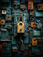 many locks and padlocks hanging on a door generative ai photo