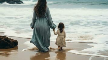 mother and daughter walking on the beach generative ai photo