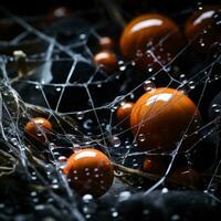 orange balls in spider web with water droplets generative ai photo