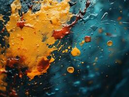 orange and yellow paint splashes on a blue background generative ai photo