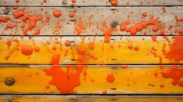 orange paint drips on a wooden wall generative ai photo