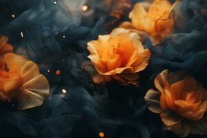 orange roses on a black background with sparkles generative ai photo