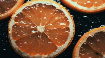 orange slices with water droplets on a black surface generative ai photo