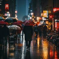 people walking down a city street with umbrellas at night generative ai photo