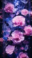 pink flowers in a clear glass container with blue lights generative ai photo