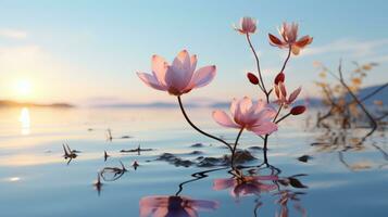 rosado loto flores en el agua a puesta de sol generativo ai foto