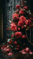 rosado rosas en un florero en el suelo en el lluvia generativo ai foto