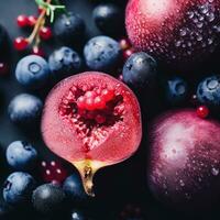 pomegranate and blueberries on a black background stock photo generative ai
