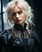 portrait of a beautiful blonde woman in a black dress generative ai photo
