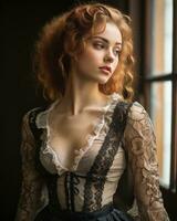 portrait of a beautiful red haired woman in a lace dress by the window generative ai photo
