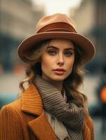 portrait of a beautiful woman in a hat and coat on the street generative ai photo