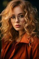 portrait of a beautiful young woman with curly hair and glasses generative ai photo