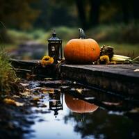 calabaza y linterna en el borde de un corriente generativo ai foto